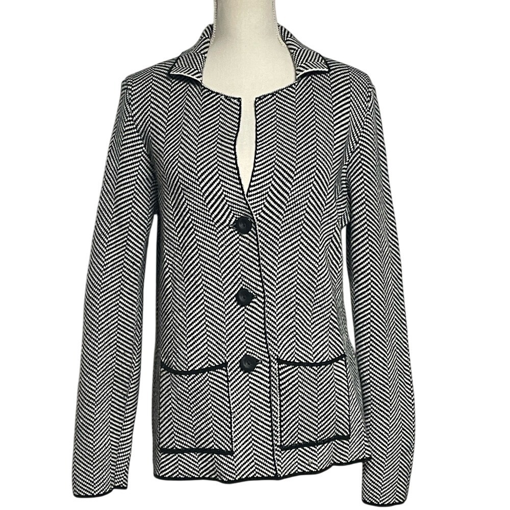 Cocogio Italy Herringbone Black White Wool Blend Sweater Blazer‎ Women's Large